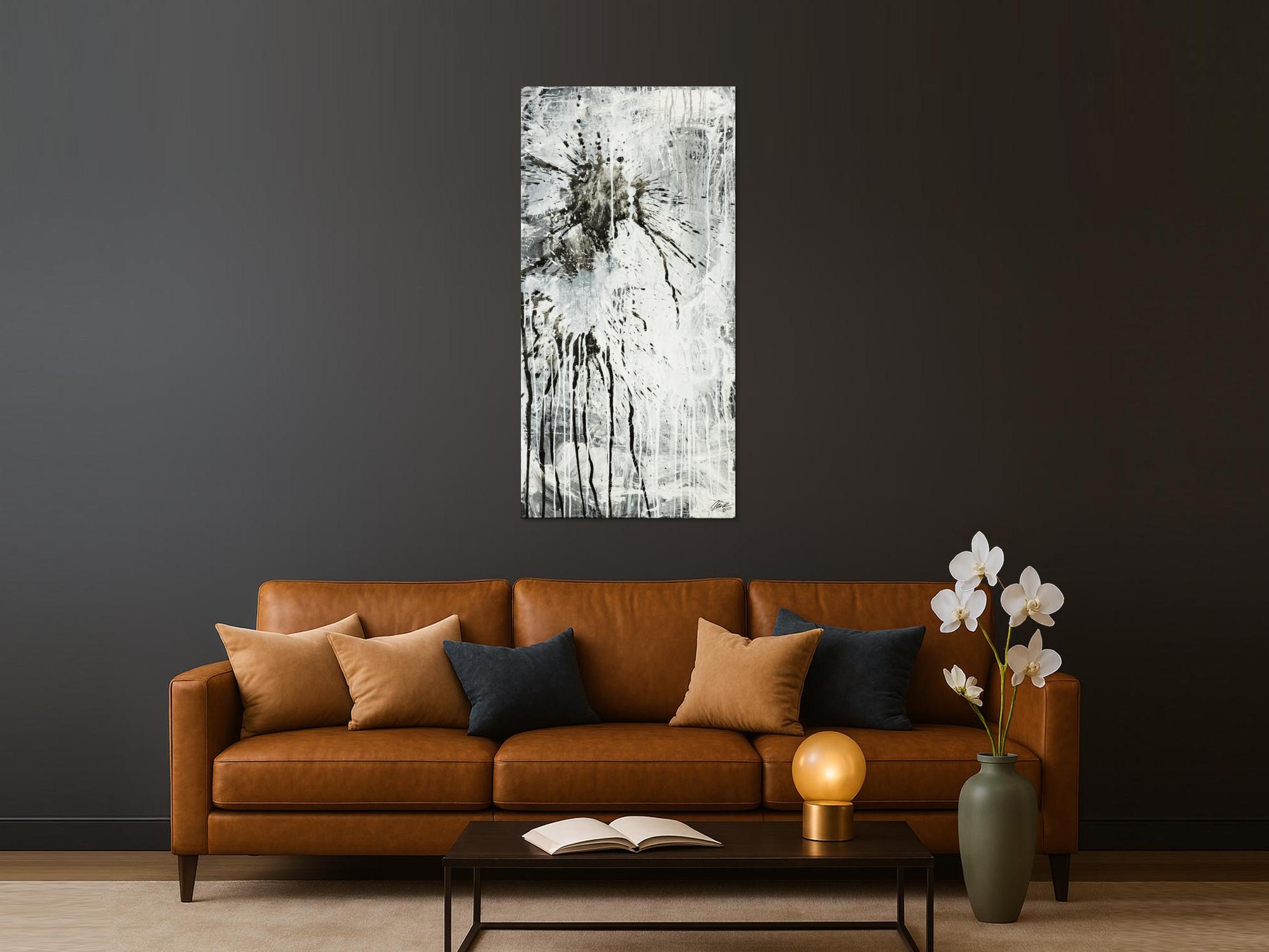 Original Gemälde abstrakt 140x70cm Minimalistisch Moderne Kunst handgefertigt Action Painting schwarz weiß grau einzigartig