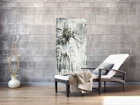 Original Gemälde abstrakt 140x70cm Minimalistisch Moderne Kunst handgefertigt Action Painting schwarz weiß grau einzigartig
