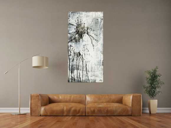 Original Gemälde abstrakt 140x70cm Minimalistisch Moderne Kunst handgefertigt Action Painting schwarz weiß grau einzigartig