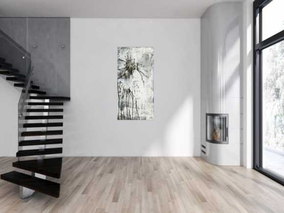 Original Gemälde abstrakt 140x70cm Minimalistisch Moderne Kunst handgefertigt Action Painting schwarz weiß grau einzigartig
