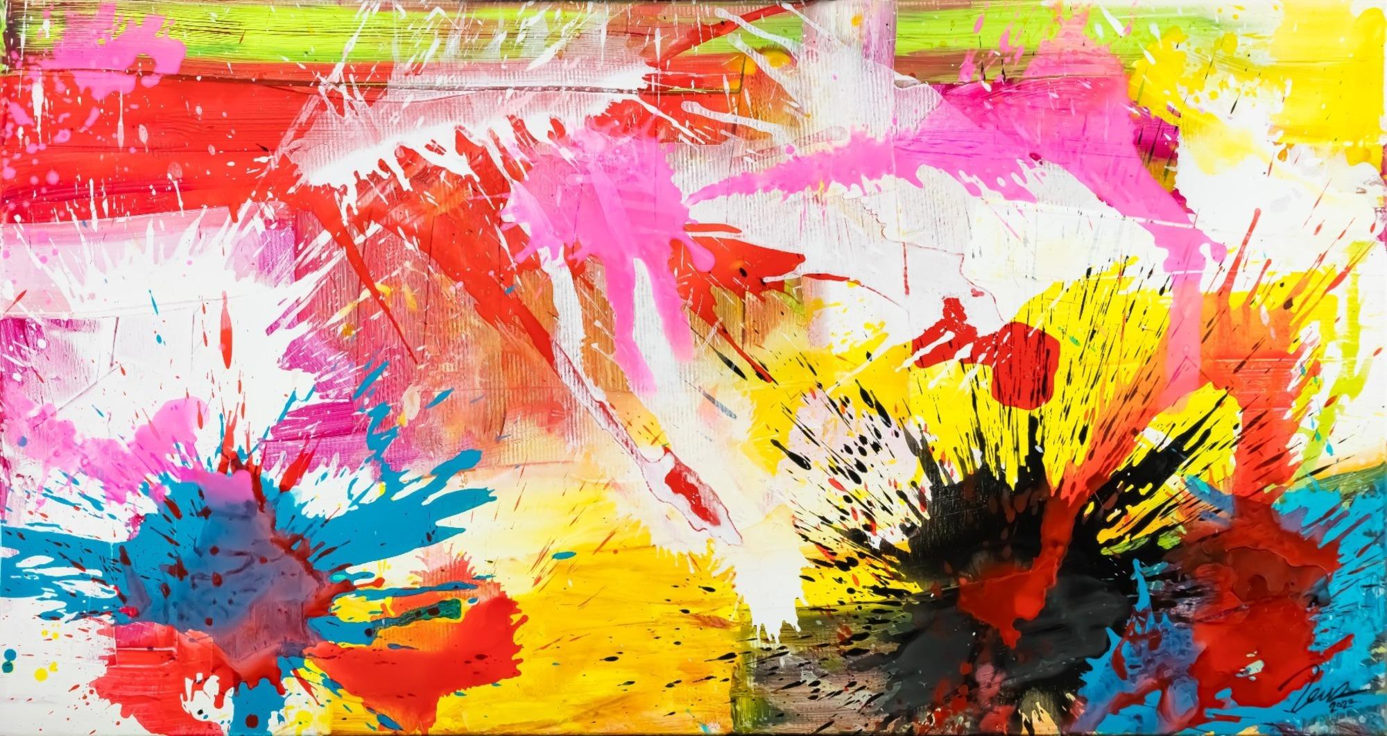 Abstraktes Original Gemälde 80x150cm Action Painting Modern Art handgemalt Splash Art weiß gelb pink hochwertig