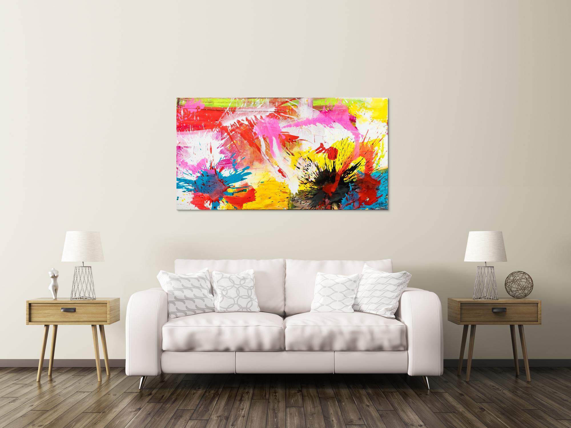 Abstraktes Original Gemälde 80x150cm Action Painting Modern Art handgemalt Splash Art weiß gelb pink hochwertig