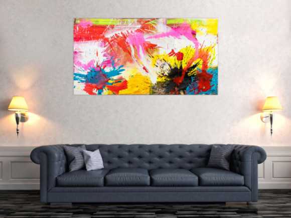 Abstraktes Original Gemälde 80x150cm Action Painting Modern Art handgemalt Splash Art weiß gelb pink hochwertig