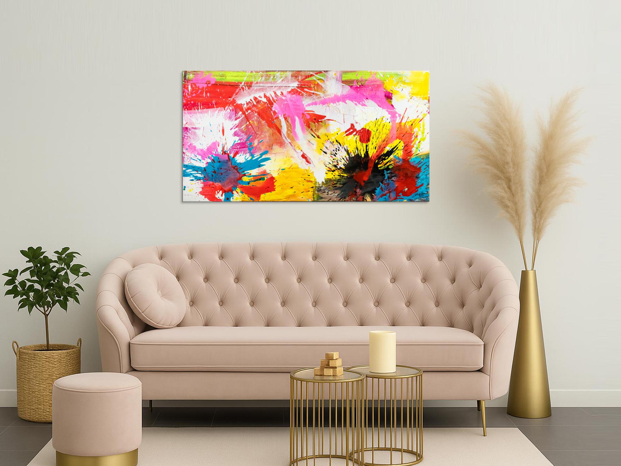 Abstraktes Original Gemälde 80x150cm Action Painting Modern Art handgemalt Splash Art weiß gelb pink hochwertig