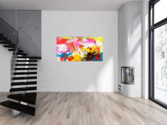 Abstraktes Original Gemälde 80x150cm Action Painting Modern Art handgemalt Splash Art weiß gelb pink hochwertig