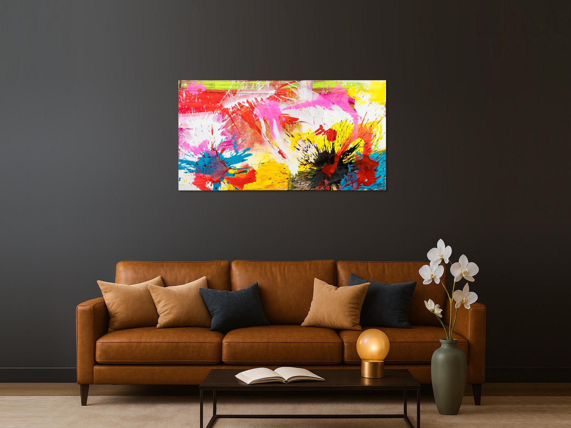 Abstraktes Original Gemälde 80x150cm Action Painting Modern Art handgemalt Splash Art weiß gelb pink hochwertig