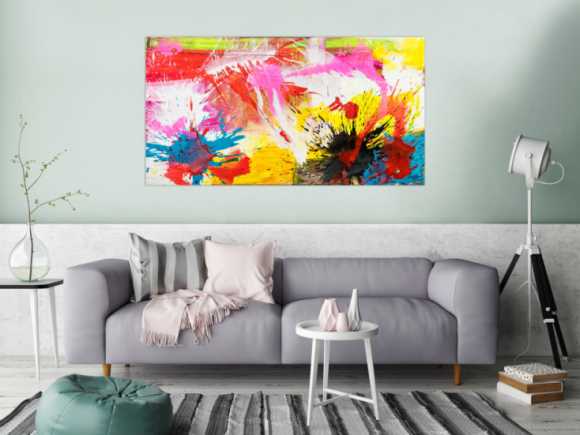 Abstraktes Original Gemälde 80x150cm Action Painting Modern Art handgemalt Splash Art weiß gelb pink hochwertig