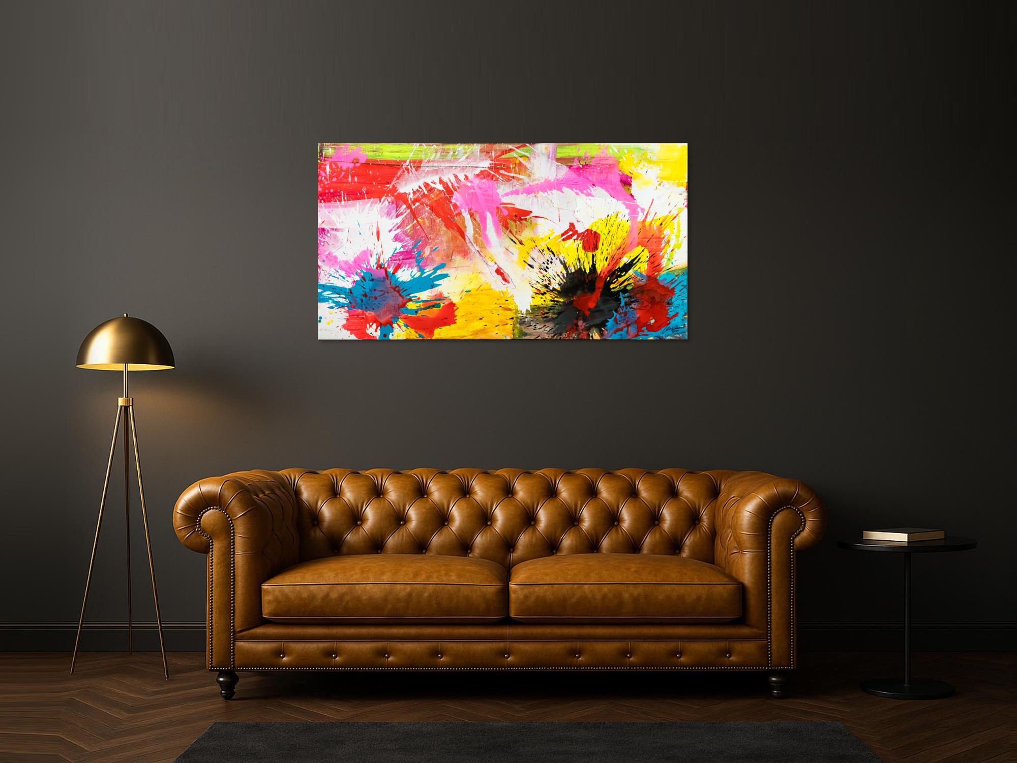 Abstraktes Original Gemälde 80x150cm Action Painting Modern Art handgemalt Splash Art weiß gelb pink hochwertig