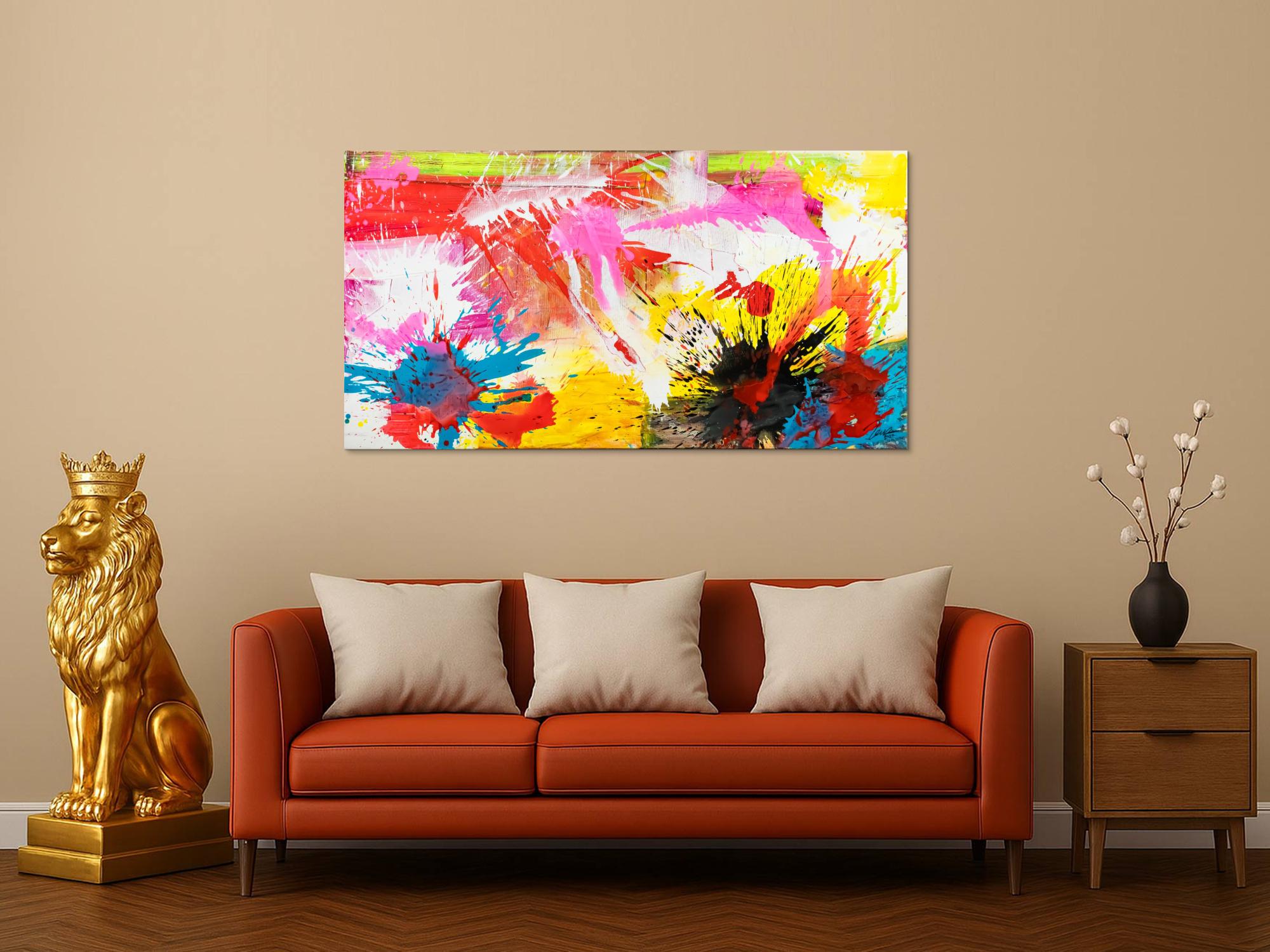 Abstraktes Original Gemälde 80x150cm Action Painting Modern Art handgemalt Splash Art weiß gelb pink hochwertig