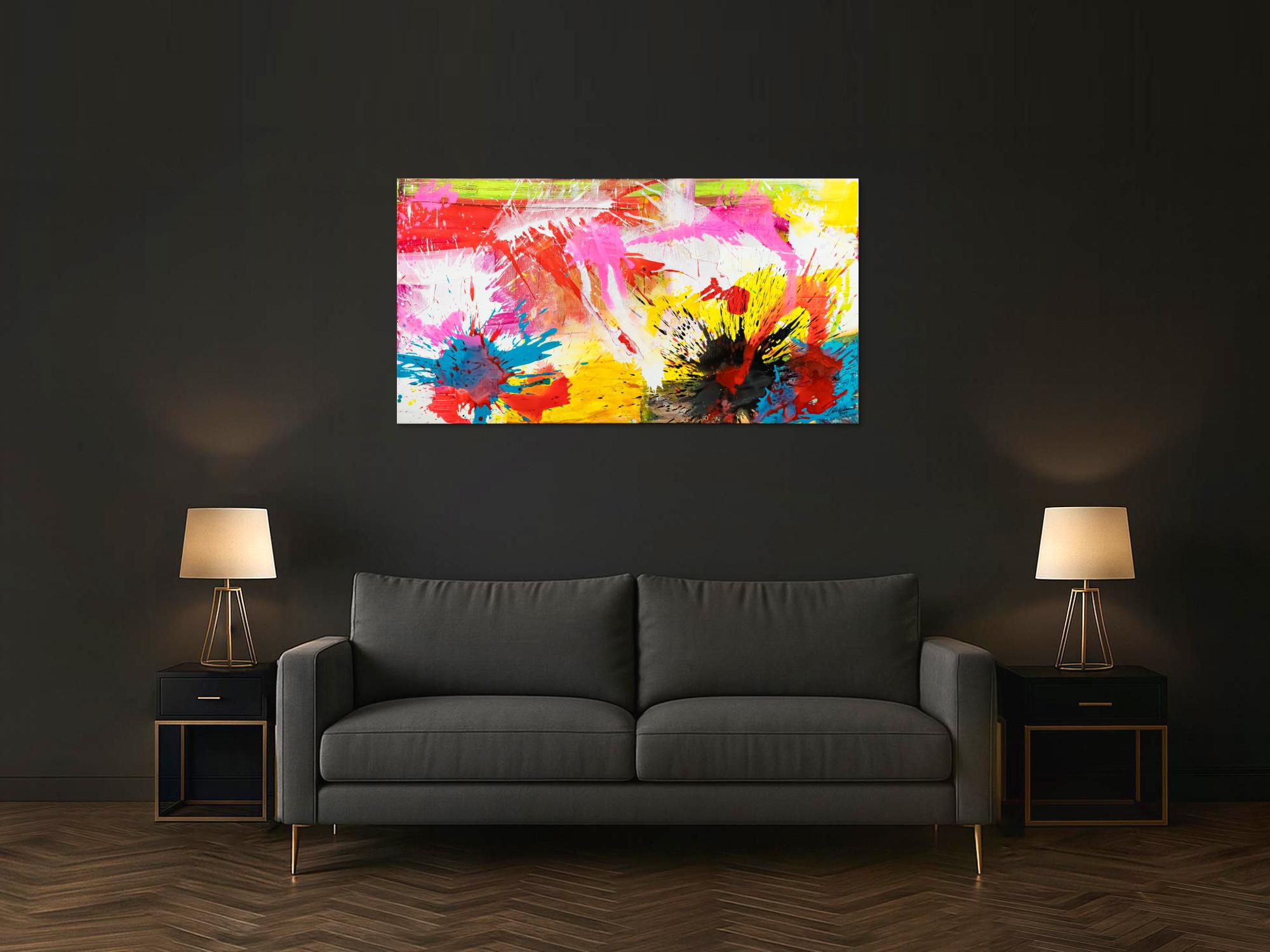 Abstraktes Original Gemälde 80x150cm Action Painting Modern Art handgemalt Splash Art weiß gelb pink hochwertig