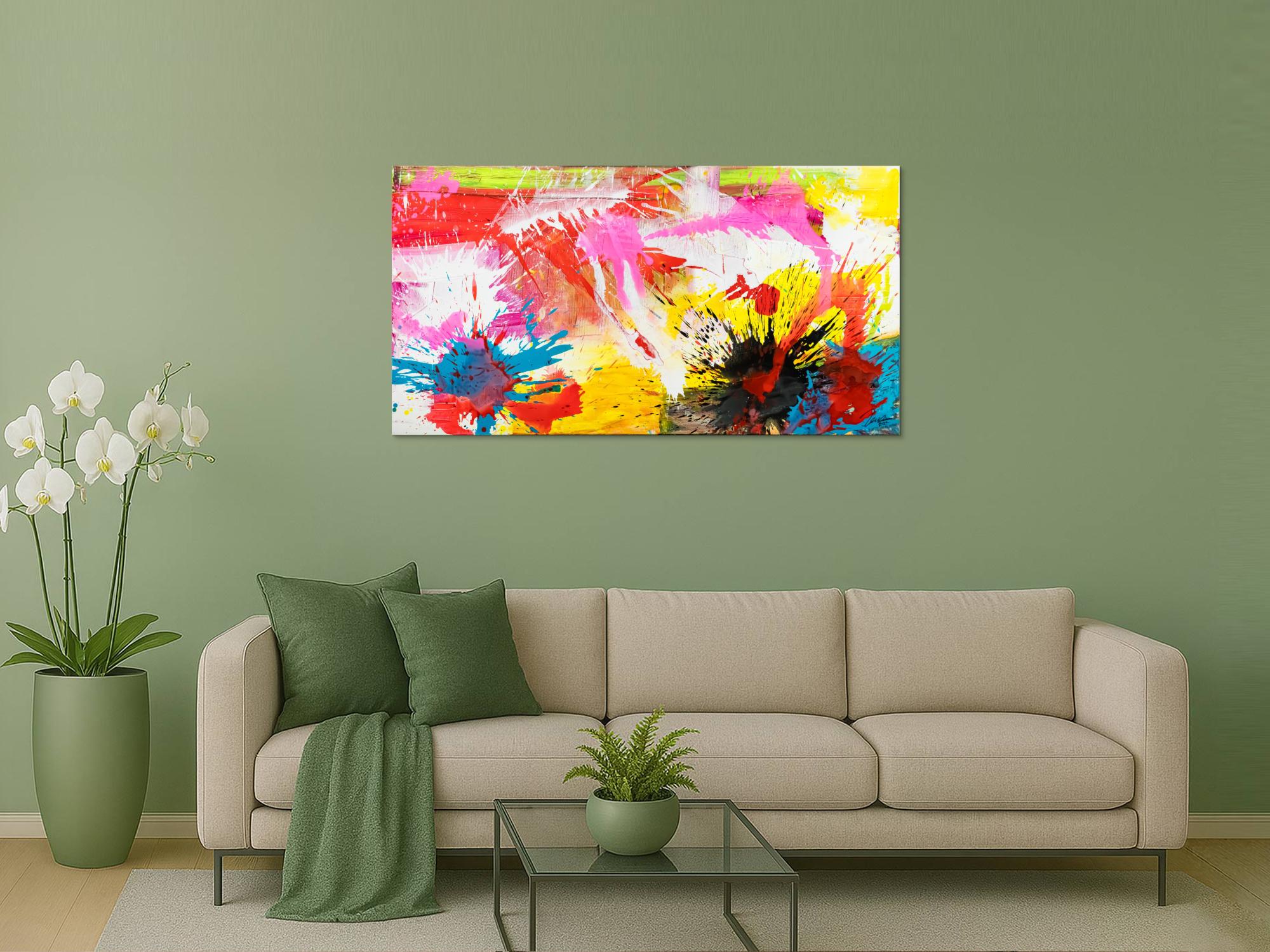 Abstraktes Original Gemälde 80x150cm Action Painting Modern Art handgemalt Splash Art weiß gelb pink hochwertig