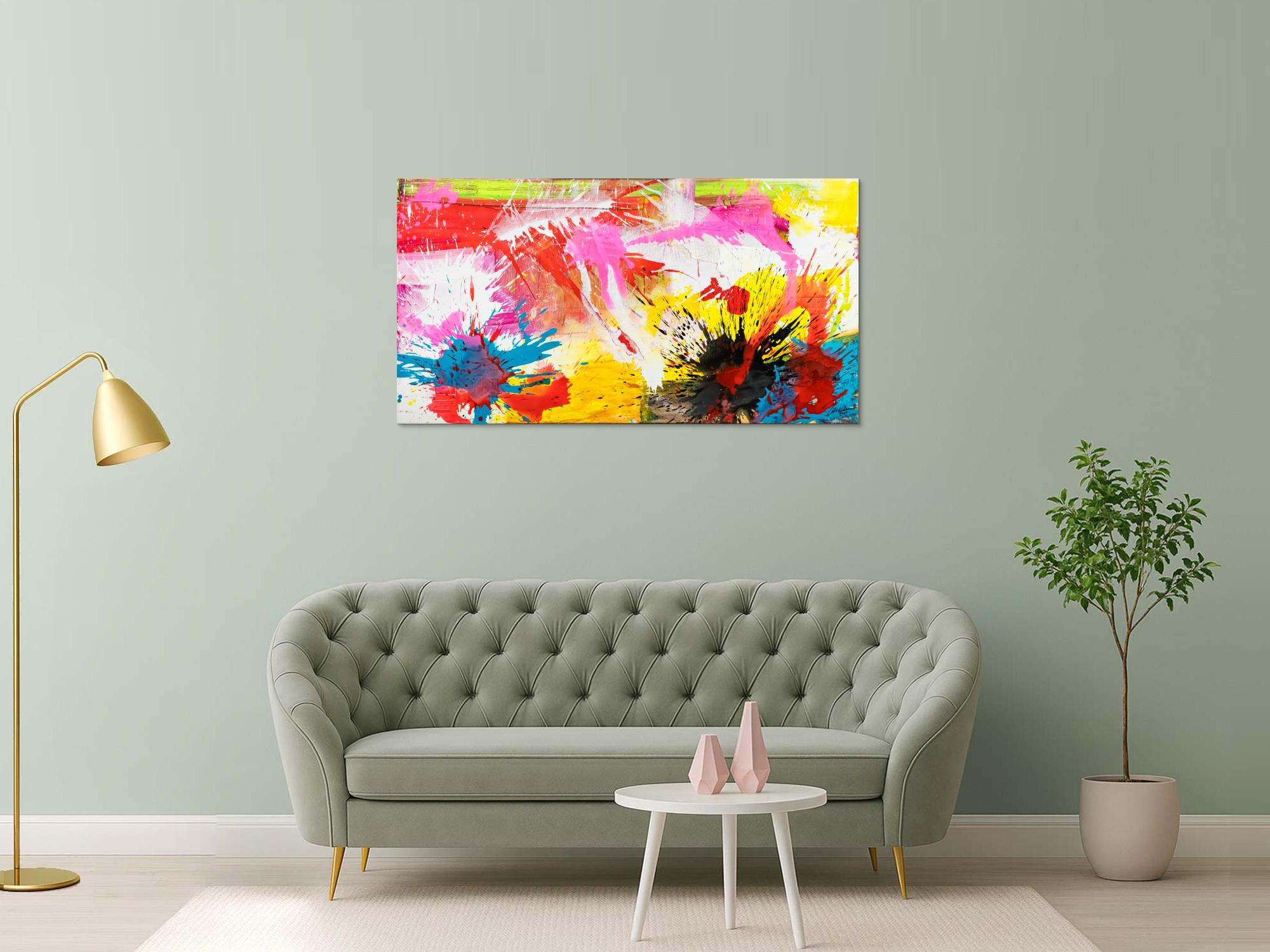 Abstraktes Original Gemälde 80x150cm Action Painting Modern Art handgemalt Splash Art weiß gelb pink hochwertig