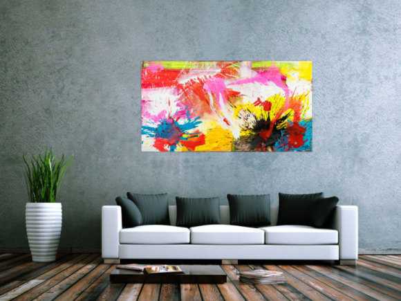 Abstraktes Original Gemälde 80x150cm Action Painting Modern Art handgemalt Splash Art weiß gelb pink hochwertig