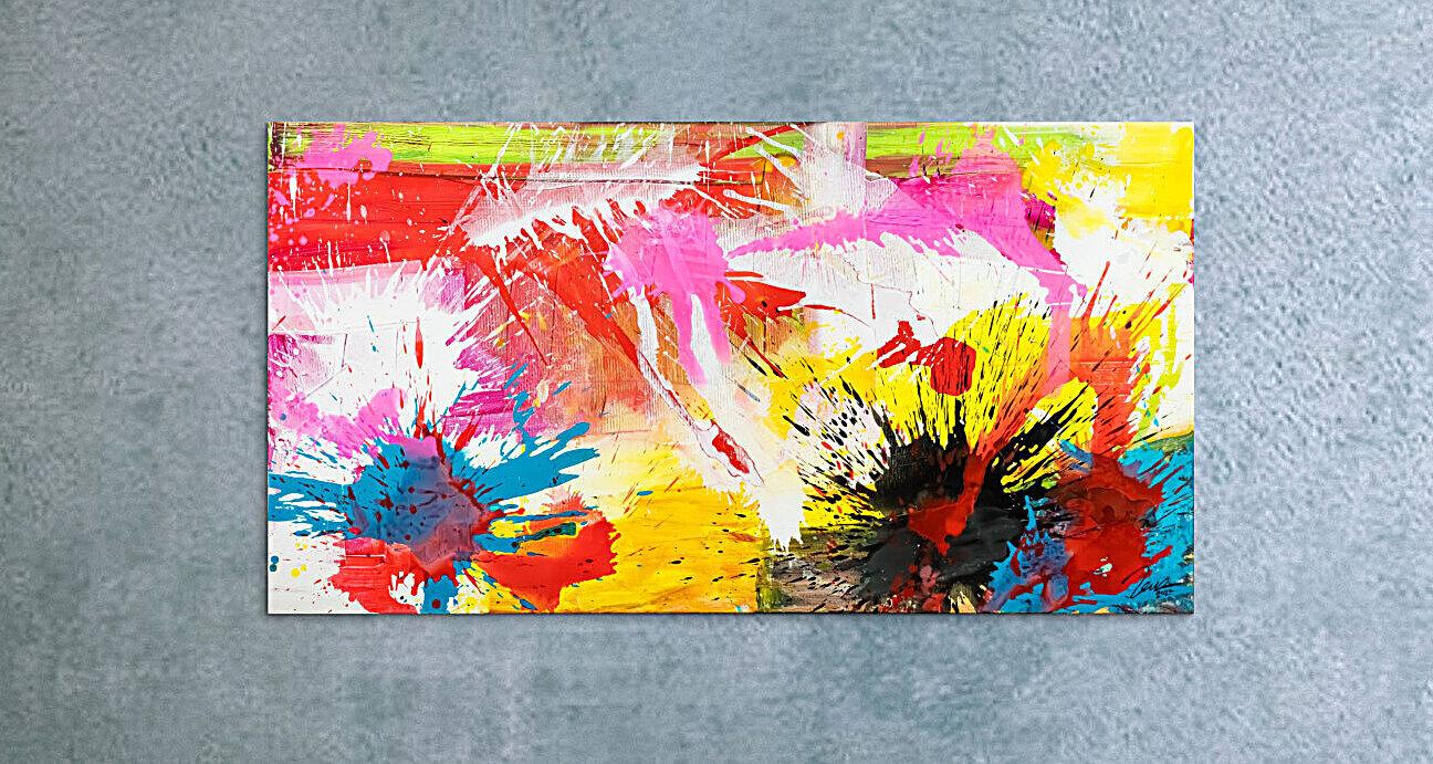 Abstraktes Original Gemälde 80x150cm Action Painting Modern Art handgemalt Splash Art weiß gelb pink hochwertig