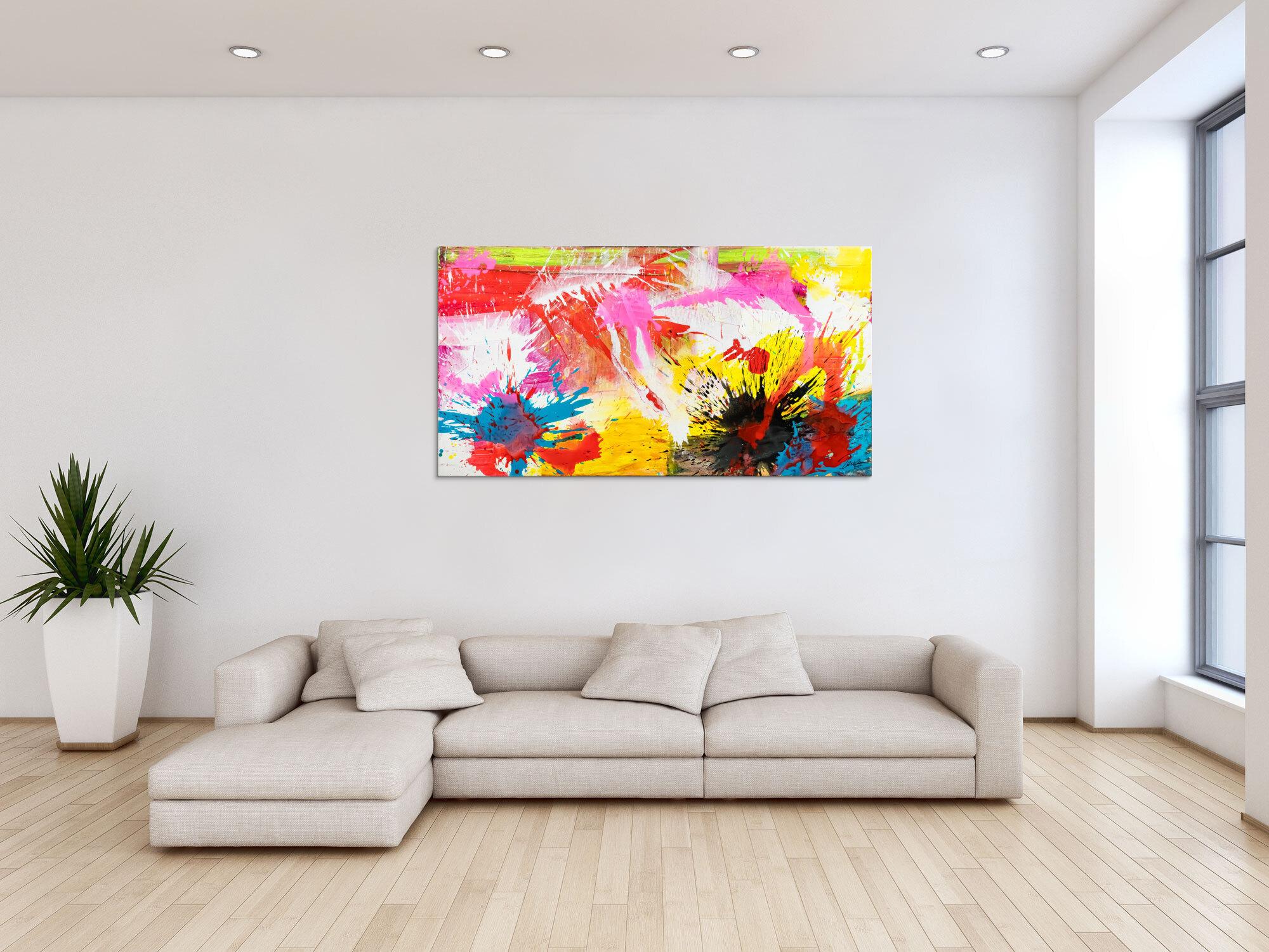Abstraktes Original Gemälde 80x150cm Action Painting Modern Art handgemalt Splash Art weiß gelb pink hochwertig