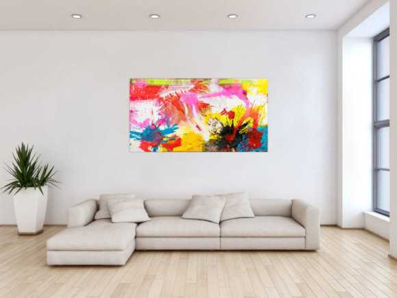 Abstraktes Original Gemälde 80x150cm Action Painting Modern Art handgemalt Splash Art weiß gelb pink hochwertig