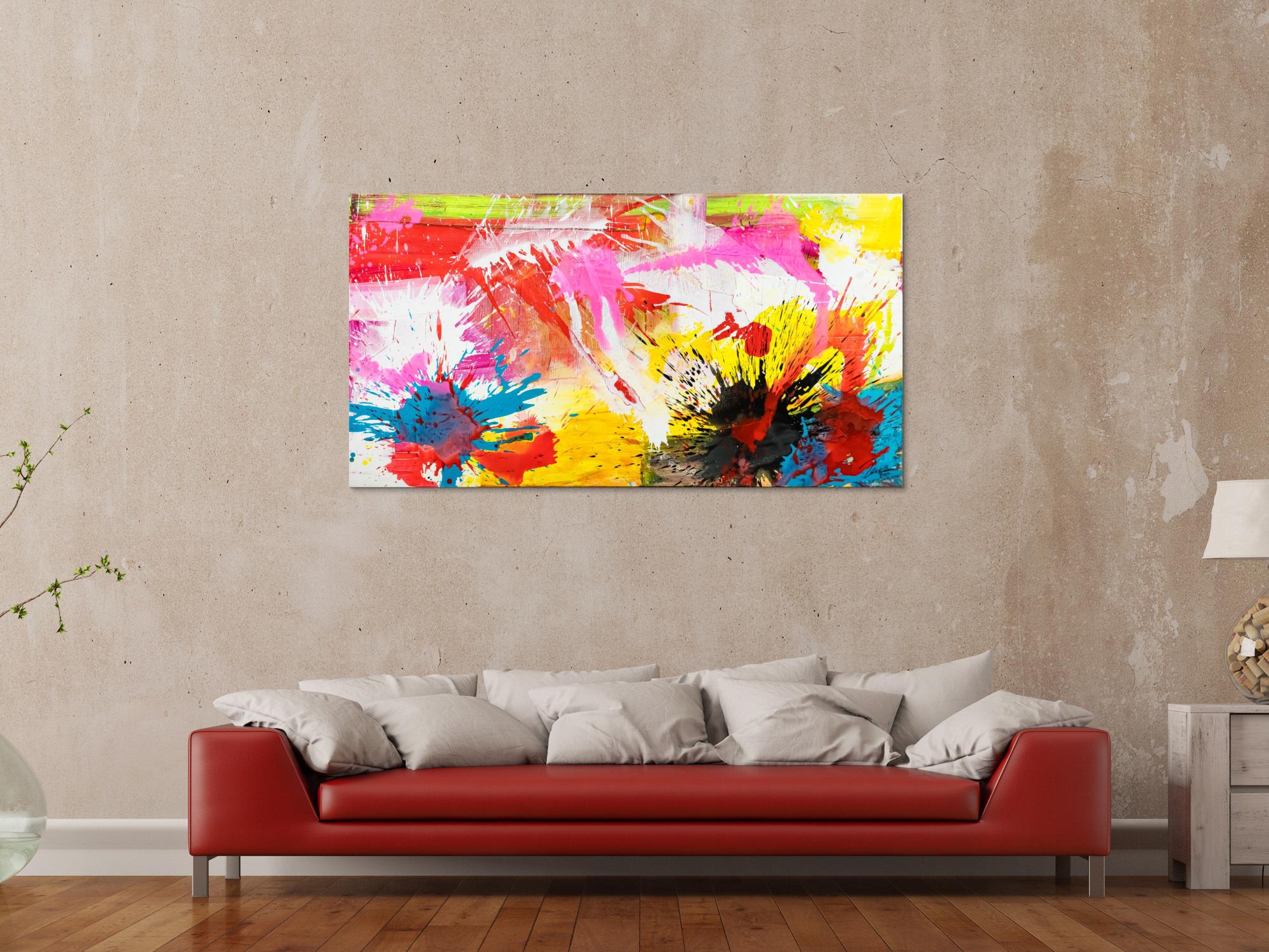 Abstraktes Original Gemälde 80x150cm Action Painting Modern Art handgemalt Splash Art weiß gelb pink hochwertig