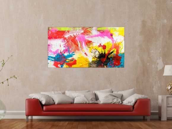 Abstraktes Original Gemälde 80x150cm Action Painting Modern Art handgemalt Splash Art weiß gelb pink hochwertig