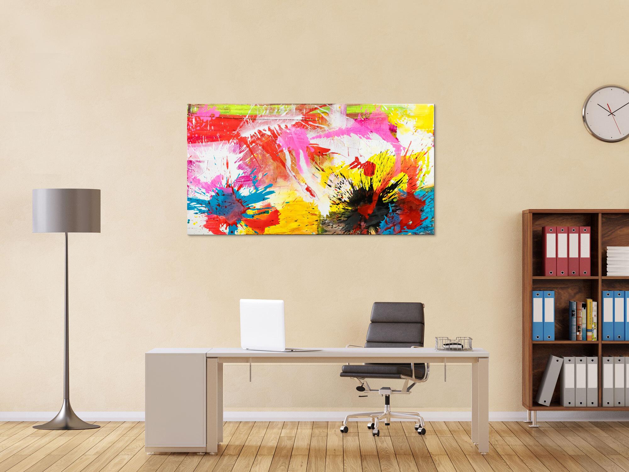 Abstraktes Original Gemälde 80x150cm Action Painting Modern Art handgemalt Splash Art weiß gelb pink hochwertig
