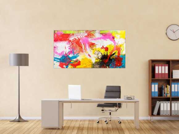 Abstraktes Original Gemälde 80x150cm Action Painting Modern Art handgemalt Splash Art weiß gelb pink hochwertig