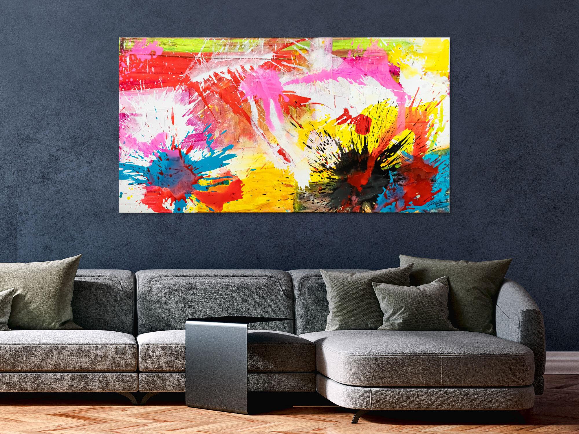 Abstraktes Original Gemälde 80x150cm Action Painting Modern Art handgemalt Splash Art weiß gelb pink hochwertig