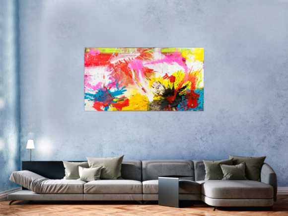 Abstraktes Original Gemälde 80x150cm Action Painting Modern Art handgemalt Splash Art weiß gelb pink hochwertig