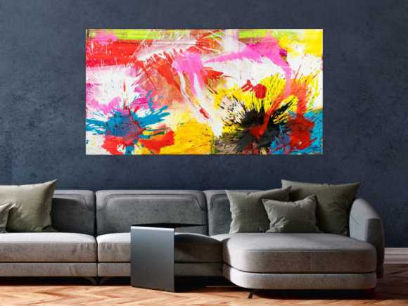 Abstraktes Original Gemälde 80x150cm Action Painting Modern Art handgemalt Splash Art weiß gelb pink hochwertig