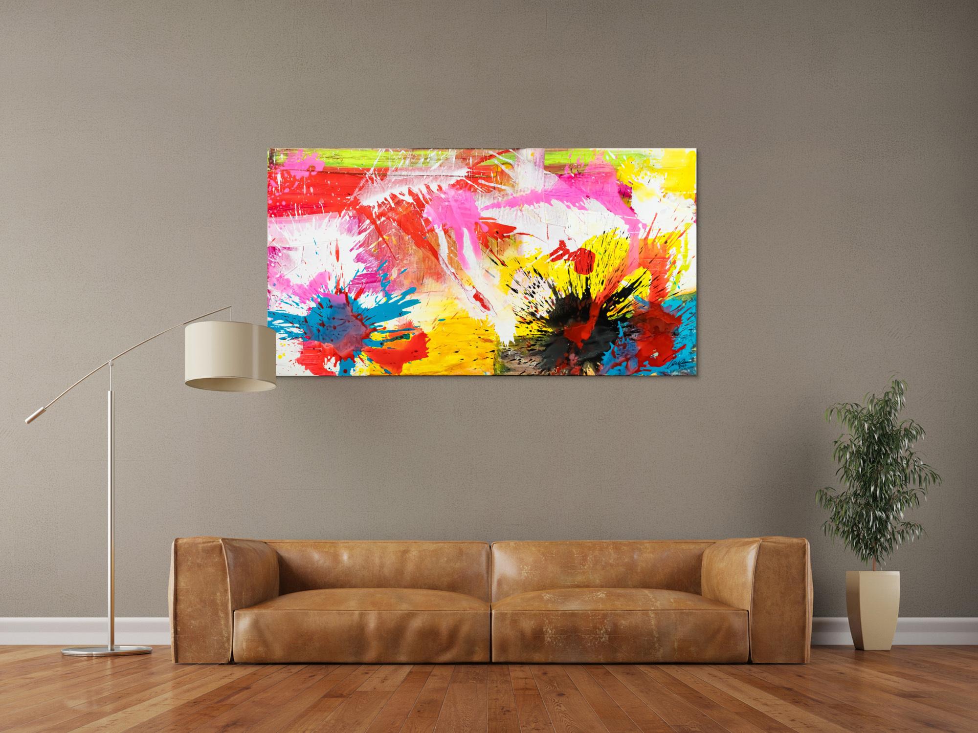 Abstraktes Original Gemälde 80x150cm Action Painting Modern Art handgemalt Splash Art weiß gelb pink hochwertig