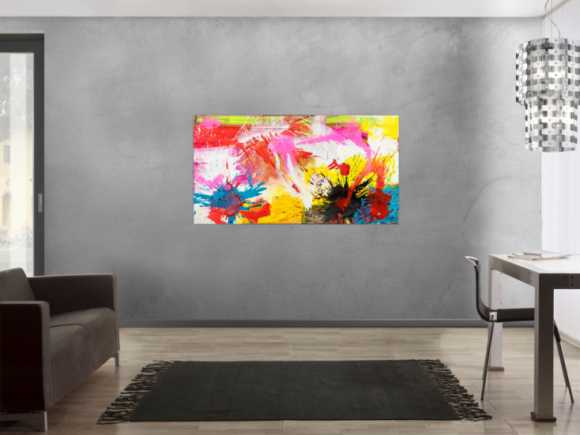 Abstraktes Original Gemälde 80x150cm Action Painting Modern Art handgemalt Splash Art weiß gelb pink hochwertig