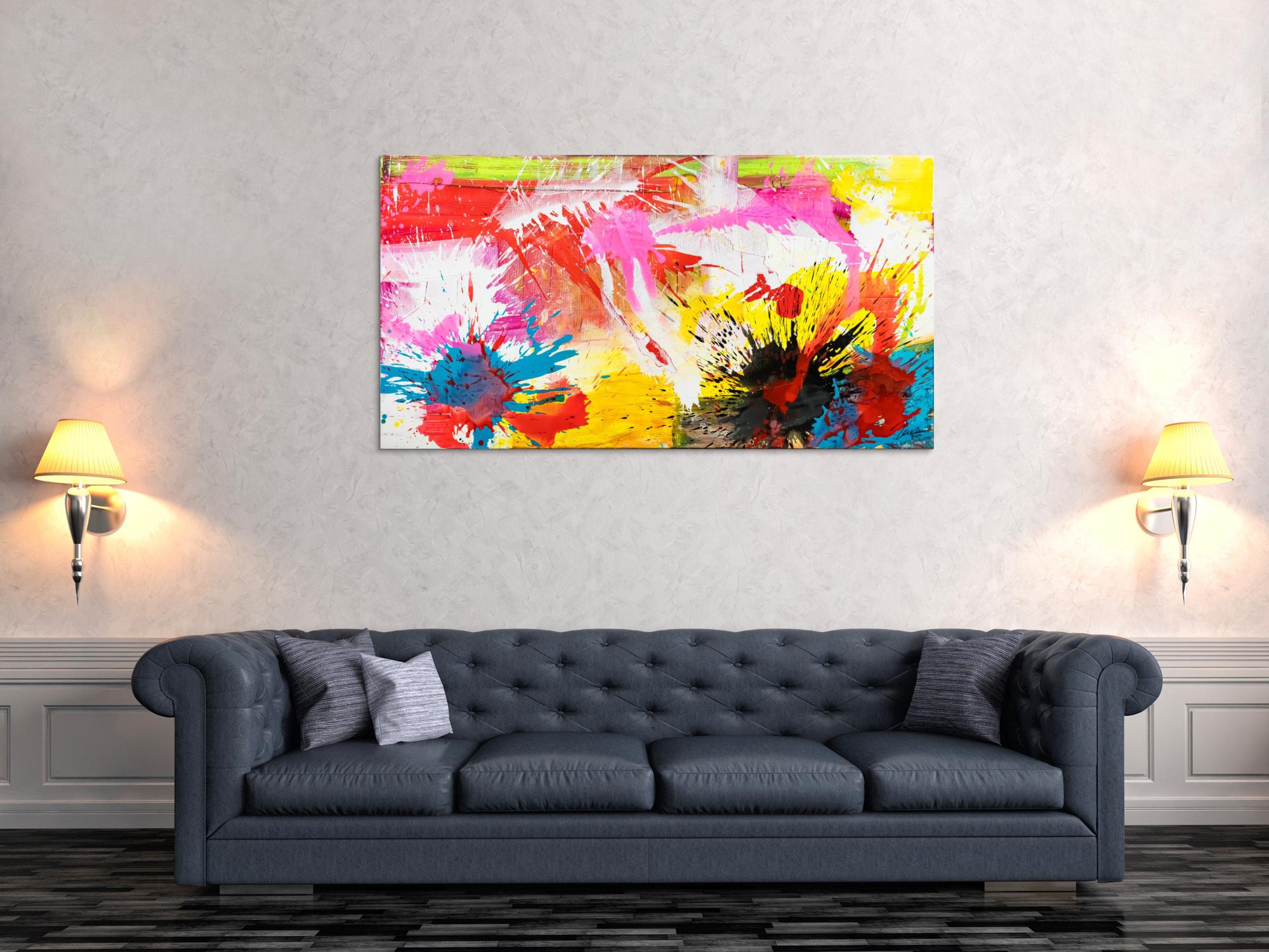 Abstraktes Original Gemälde 80x150cm Action Painting Modern Art handgemalt Splash Art weiß gelb pink hochwertig