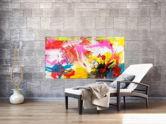 Abstraktes Original Gemälde 80x150cm Action Painting Modern Art handgemalt Splash Art weiß gelb pink hochwertig