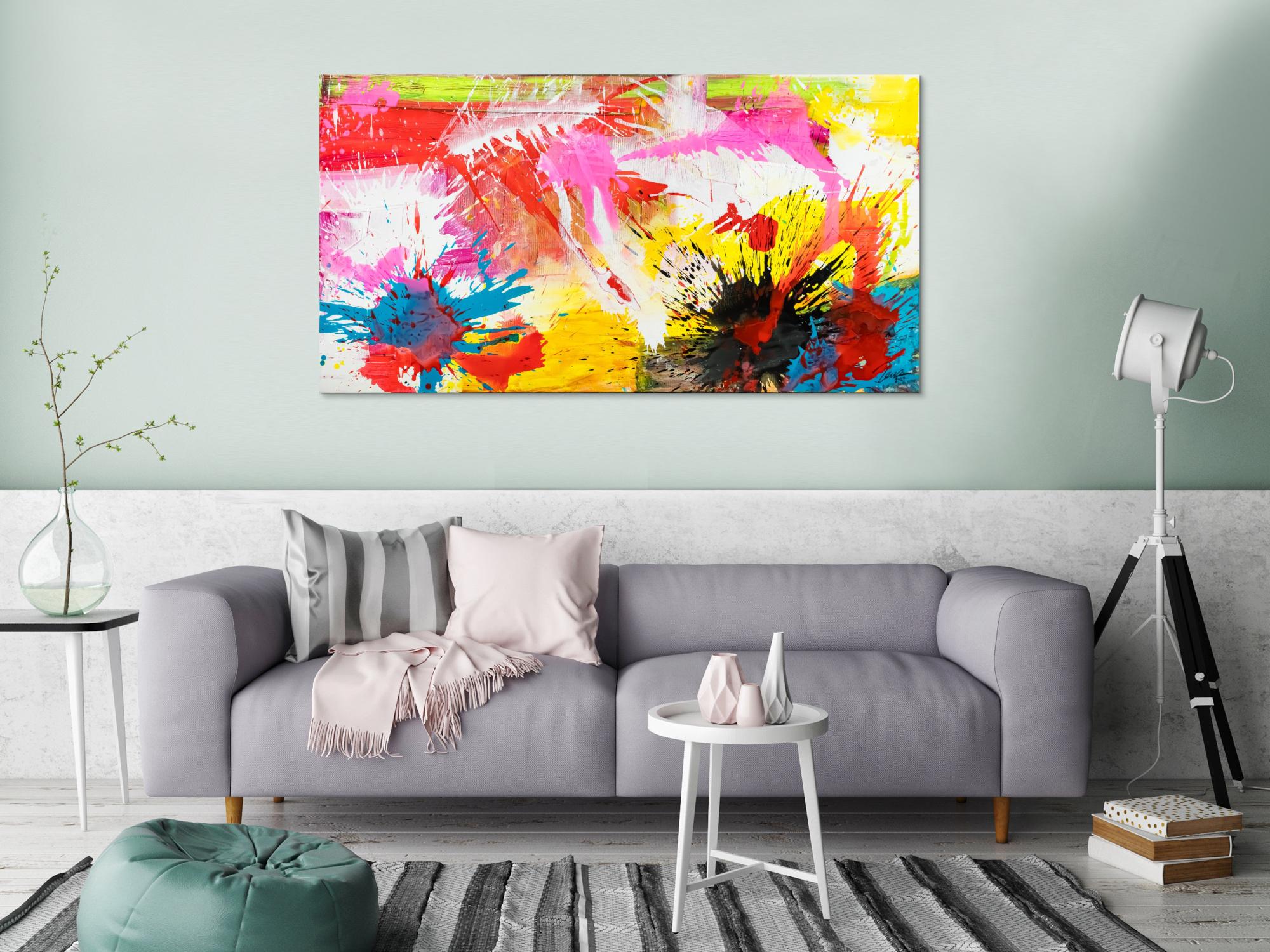 Abstraktes Original Gemälde 80x150cm Action Painting Modern Art handgemalt Splash Art weiß gelb pink hochwertig