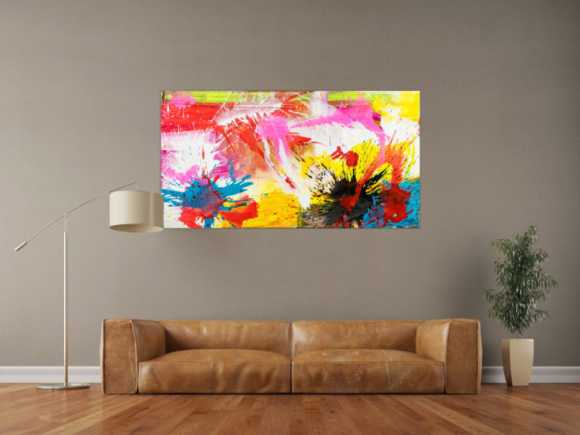 Abstraktes Original Gemälde 80x150cm Action Painting Modern Art handgemalt Splash Art weiß gelb pink hochwertig