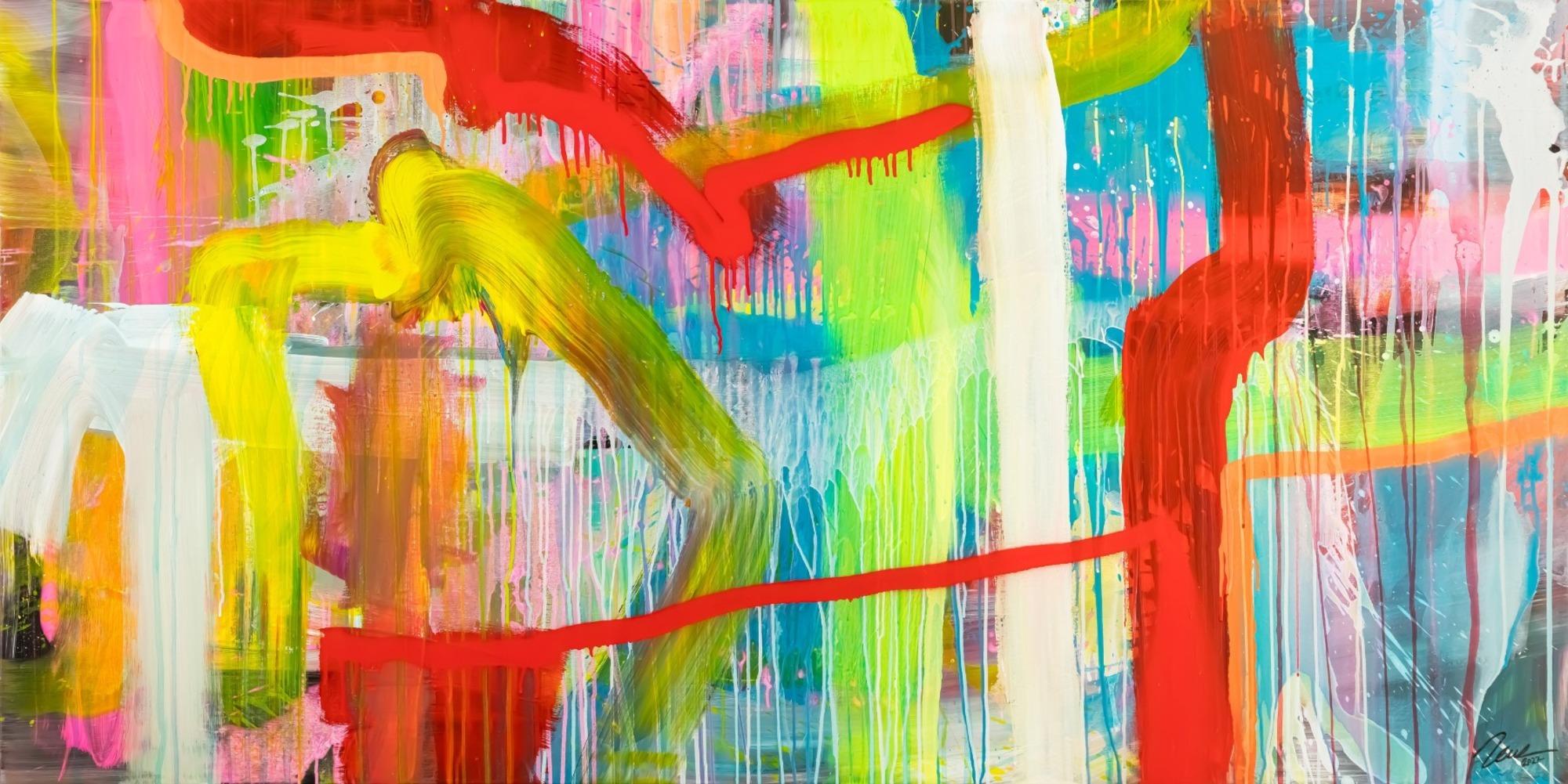 Original Gemälde abstrakt 100x200cm Action Painting Modern Art handgefertigt Mischtechnik bunt rot gelb hochwertig