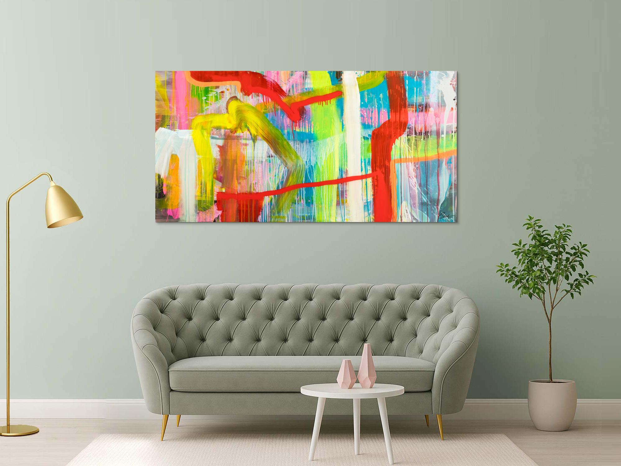 Original Gemälde abstrakt 100x200cm Action Painting Modern Art handgefertigt Mischtechnik bunt rot gelb hochwertig