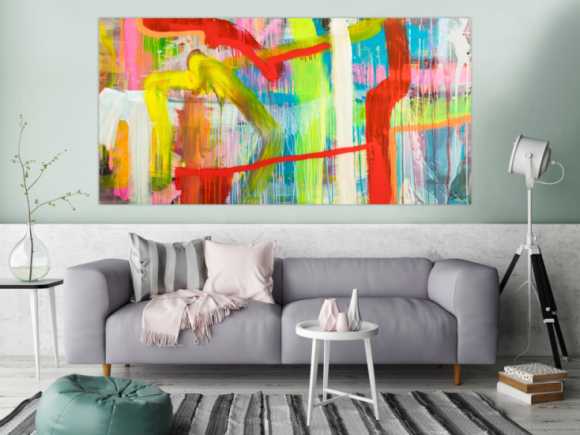 Original Gemälde abstrakt 100x200cm Action Painting Modern Art handgefertigt Mischtechnik bunt rot gelb hochwertig