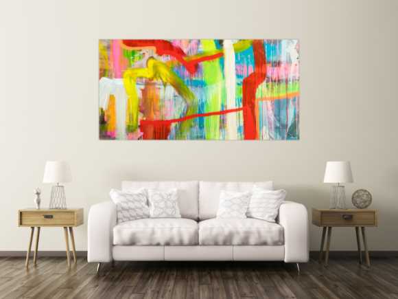 Original Gemälde abstrakt 100x200cm Action Painting Modern Art handgefertigt Mischtechnik bunt rot gelb hochwertig