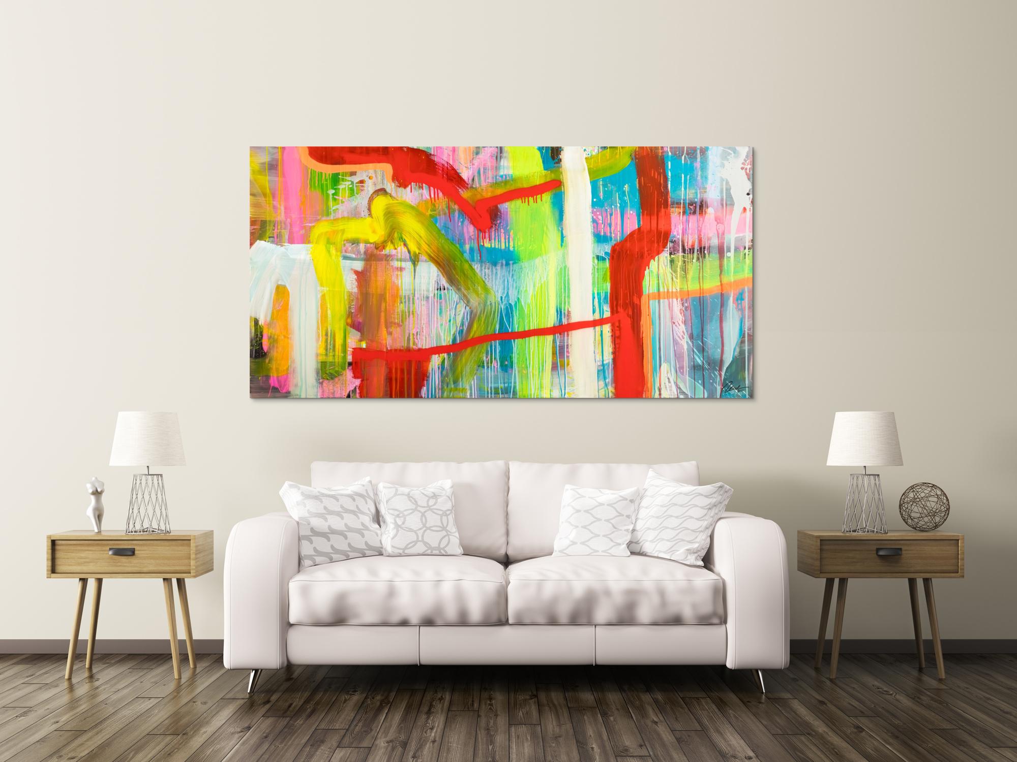 Original Gemälde abstrakt 100x200cm Action Painting Modern Art handgefertigt Mischtechnik bunt rot gelb hochwertig