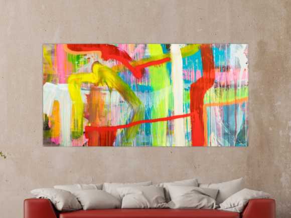 Original Gemälde abstrakt 100x200cm Action Painting Modern Art handgefertigt Mischtechnik bunt rot gelb hochwertig