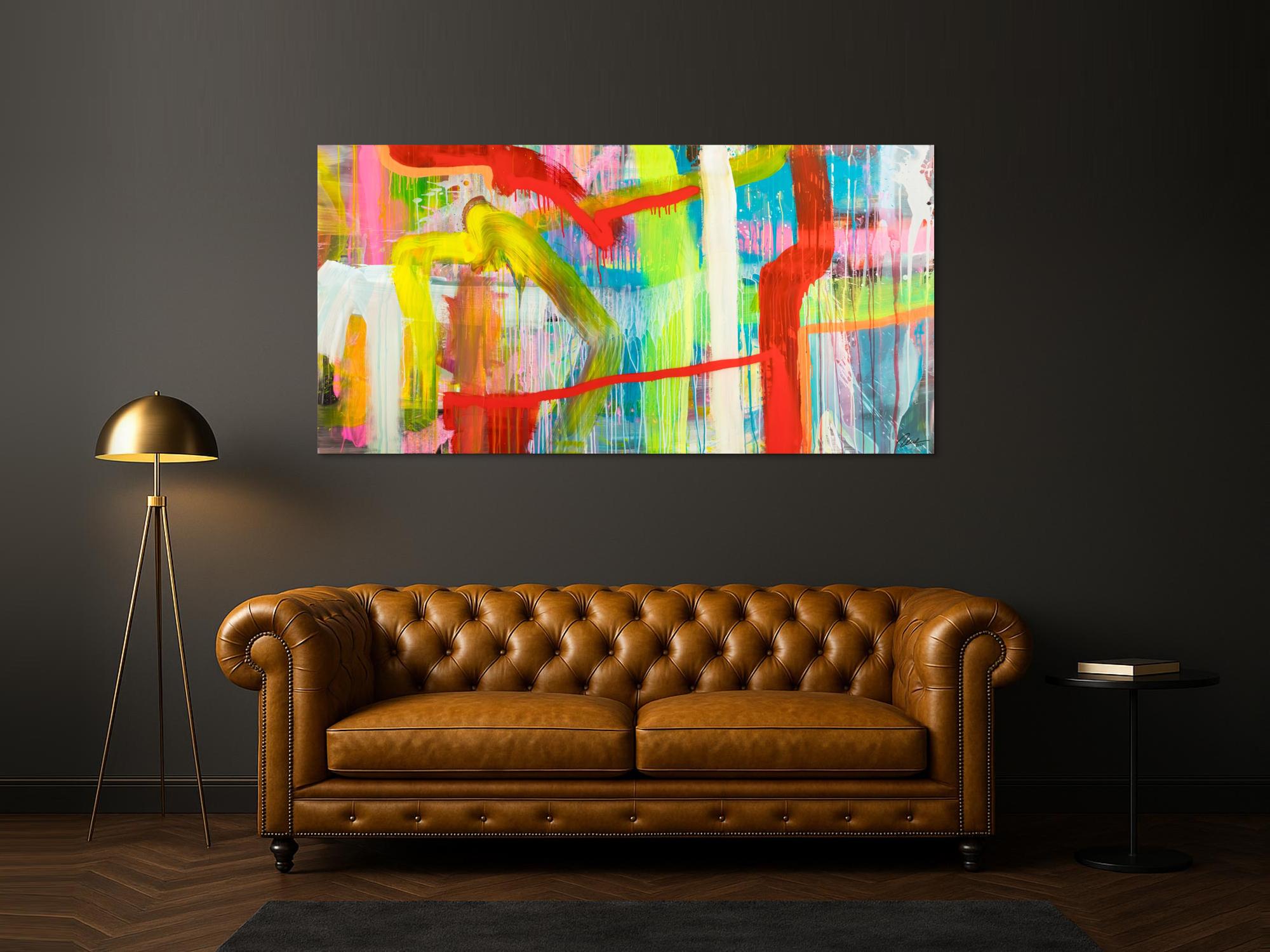 Original Gemälde abstrakt 100x200cm Action Painting Modern Art handgefertigt Mischtechnik bunt rot gelb hochwertig