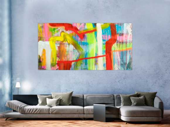 Original Gemälde abstrakt 100x200cm Action Painting Modern Art handgefertigt Mischtechnik bunt rot gelb hochwertig