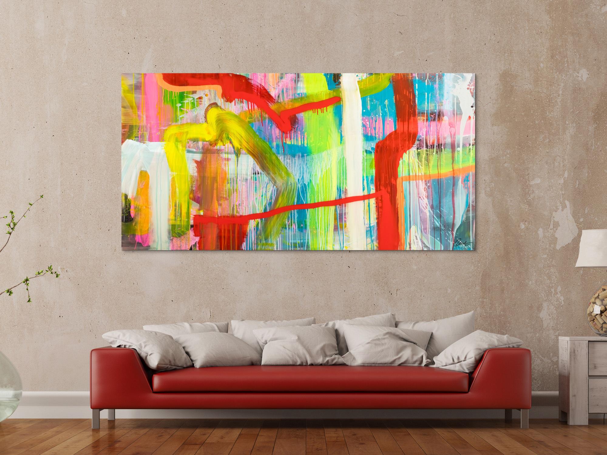 Original Gemälde abstrakt 100x200cm Action Painting Modern Art handgefertigt Mischtechnik bunt rot gelb hochwertig