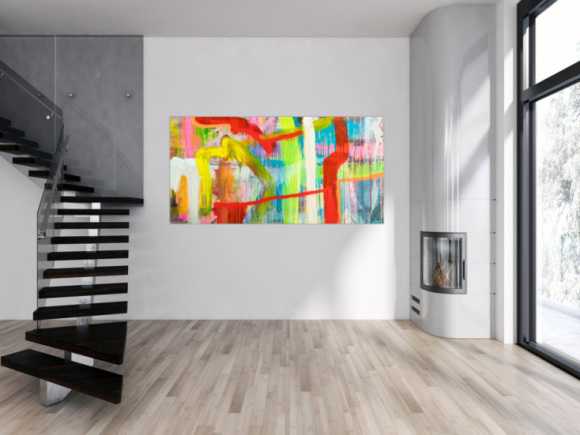 Original Gemälde abstrakt 100x200cm Action Painting Modern Art handgefertigt Mischtechnik bunt rot gelb hochwertig