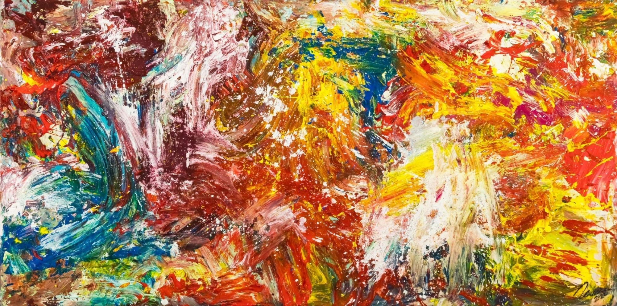 Abstraktes Original Gemälde 80x160cm Action Painting zeitgenössisch handgemalt Mischtechnik bunt rot orange Einzelstück