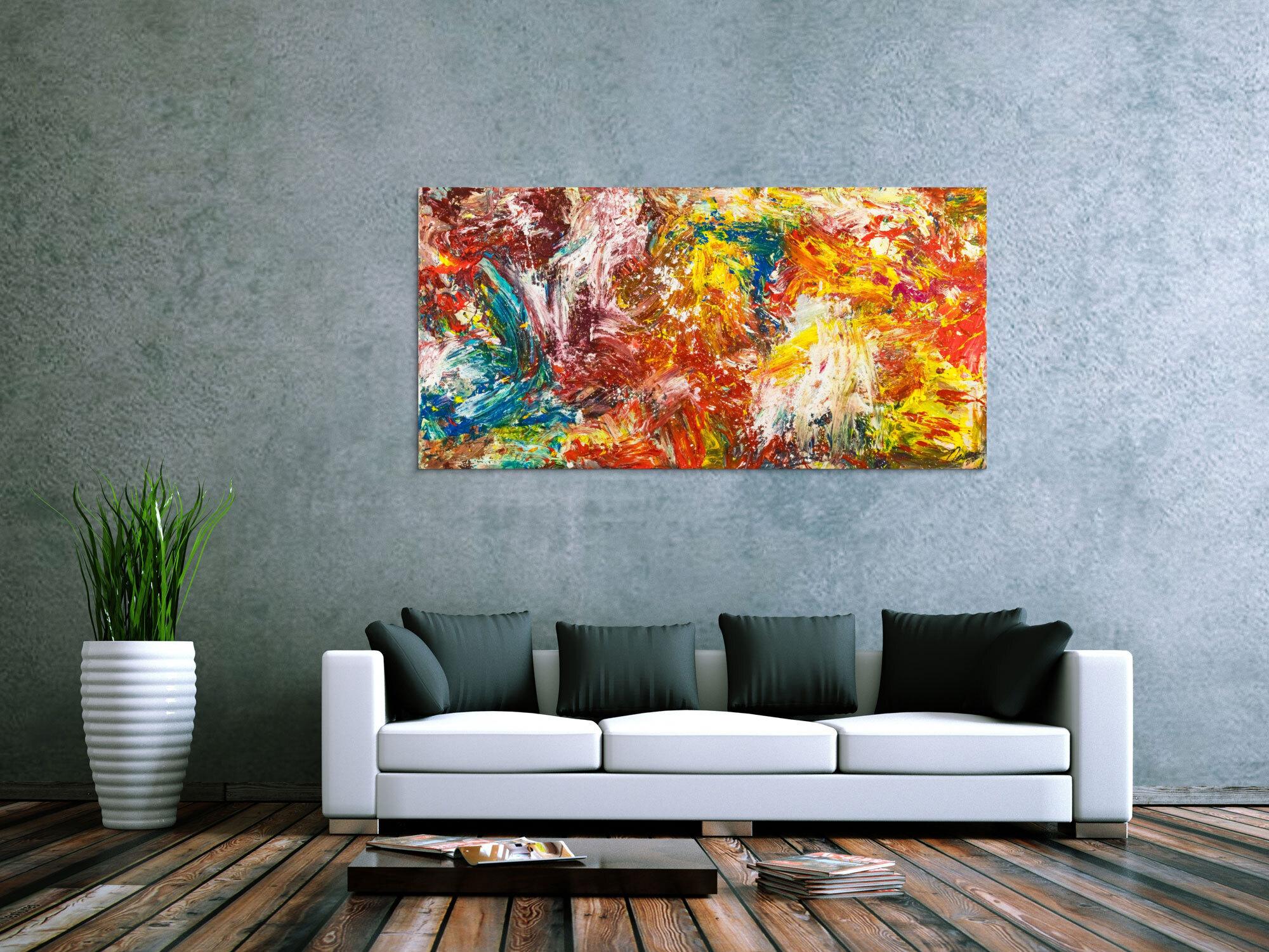 Abstraktes Original Gemälde 80x160cm Action Painting zeitgenössisch handgemalt Mischtechnik bunt rot orange Einzelstück