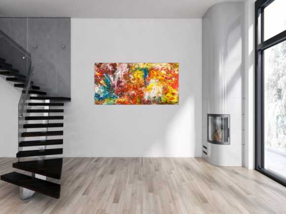 Abstraktes Original Gemälde 80x160cm Action Painting zeitgenössisch handgemalt Mischtechnik bunt rot orange Einzelstück