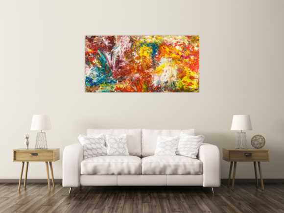 Abstraktes Original Gemälde 80x160cm Action Painting zeitgenössisch handgemalt Mischtechnik bunt rot orange Einzelstück