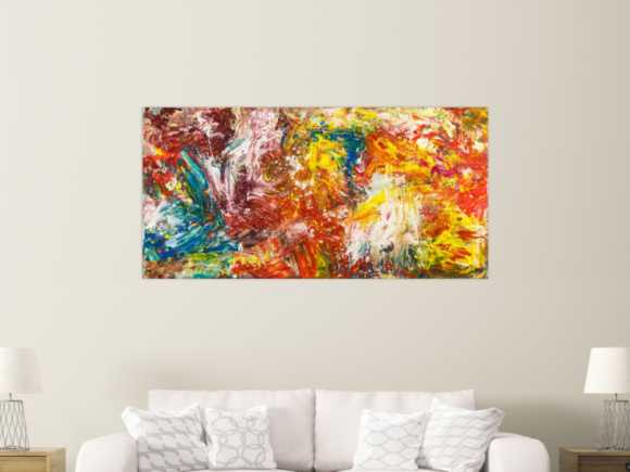 Abstraktes Original Gemälde 80x160cm Action Painting zeitgenössisch handgemalt Mischtechnik bunt rot orange Einzelstück