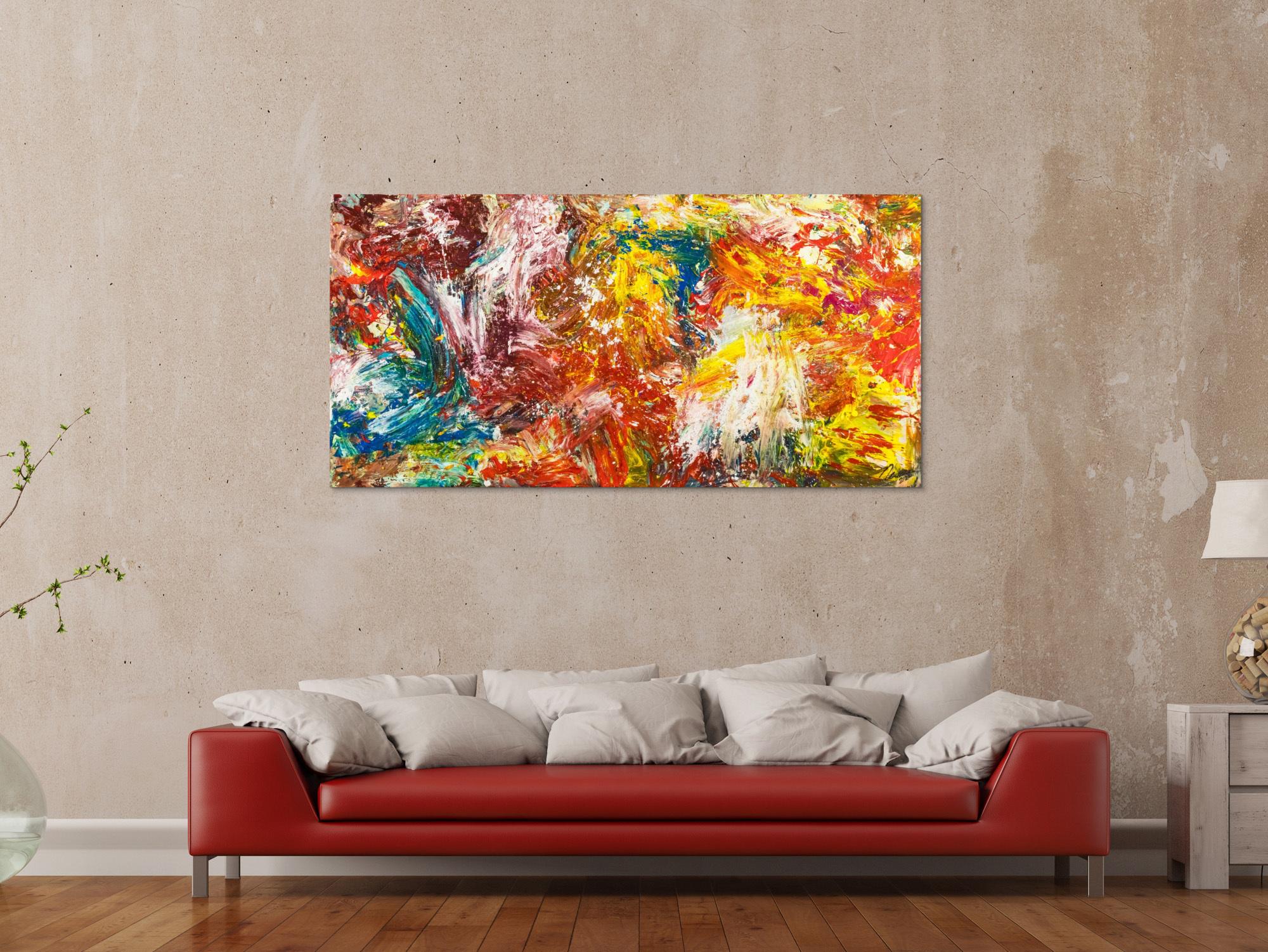 Abstraktes Original Gemälde 80x160cm Action Painting zeitgenössisch handgemalt Mischtechnik bunt rot orange Einzelstück