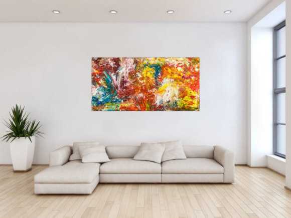 Abstraktes Original Gemälde 80x160cm Action Painting zeitgenössisch handgemalt Mischtechnik bunt rot orange Einzelstück